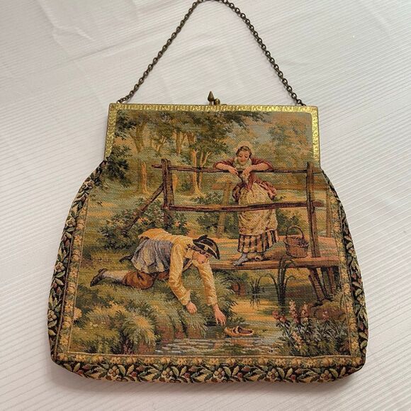 Antique VTG French Courtship Couple Country Woven Tapestry Purse Handbag Rare - Picture 1 of 6